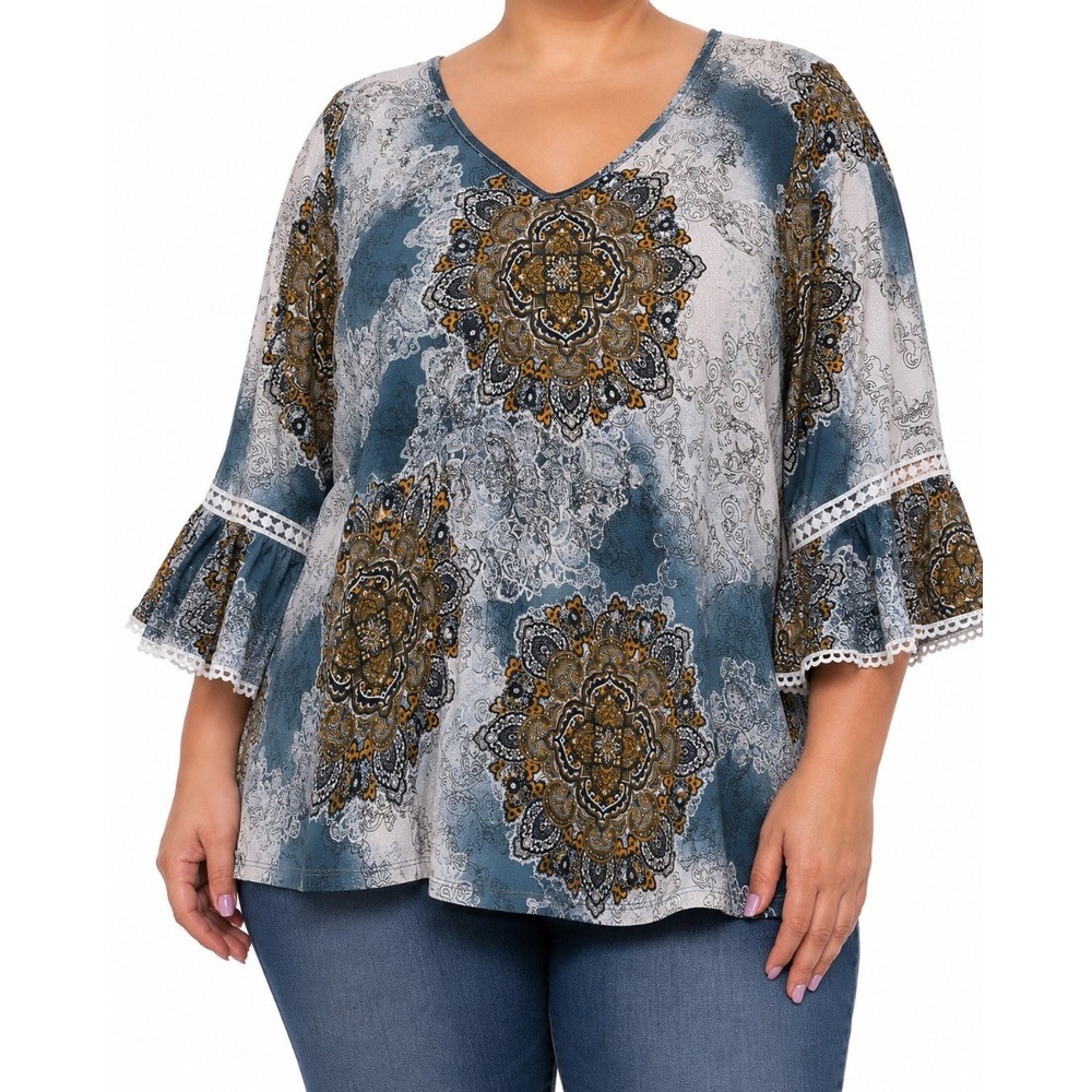 Stem Vine Plus Size 3X Blouse Top Teal Mandala Print‎ Bell Sleeve Lace Trim
